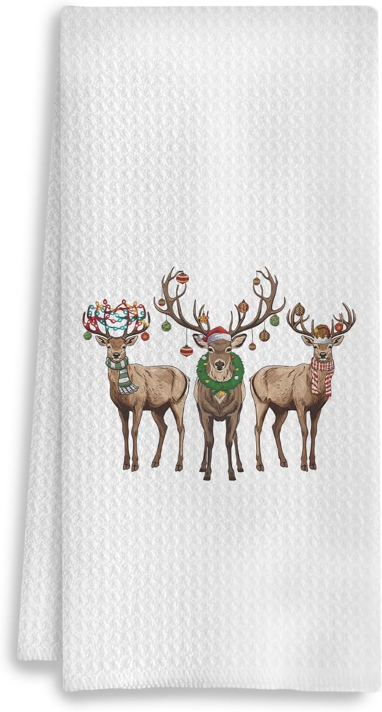 COWEB Christmas Reindeer Kitchen Towels, Reindeer Christmas Decorations Dish Towels, Christmas Bathroom Kitchen Decor, 16x24 Inch - Image 1